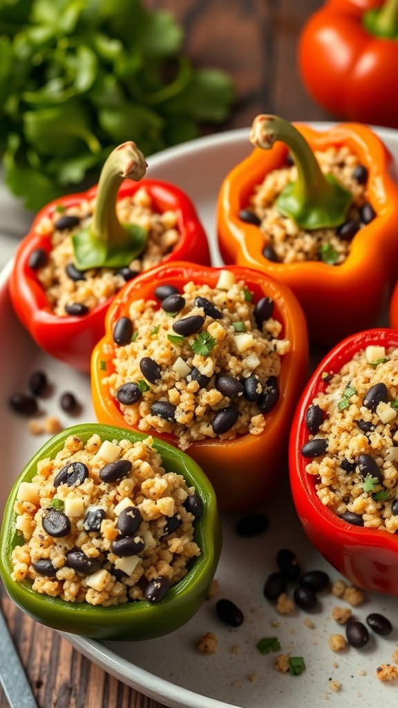 Colorful stuffed bell peppers filled with quinoa and black beans on a plate.