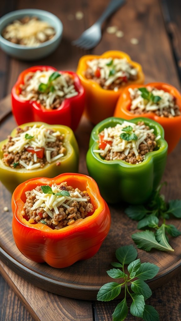 Stuffed bell peppers filled with quinoa and lean ground beef, topped with cheese.