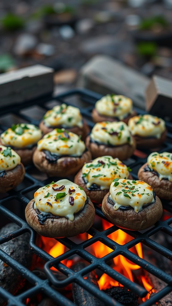 Delicious stuffed campfire mushrooms grilling over an open flame.