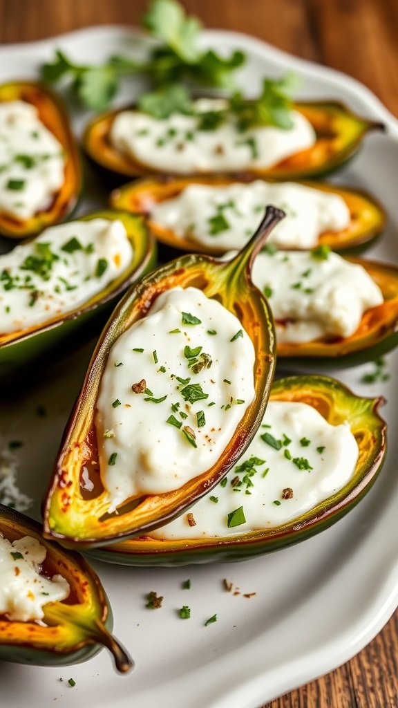 A plate of stuffed jalapeño poppers topped with creamy filling and garnished with herbs