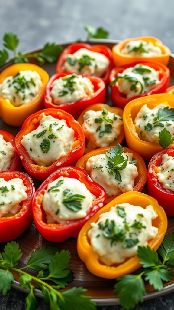 Stuffed mini peppers filled with cheese and herbs on a plate.
