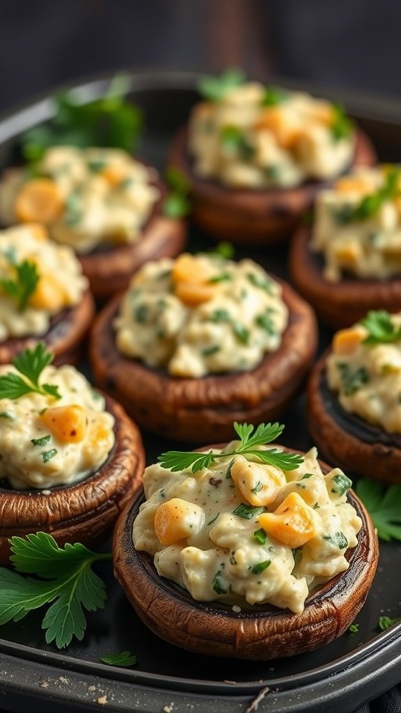 Stuffed mushroom caps with garlic and herb cheese on a serving tray.