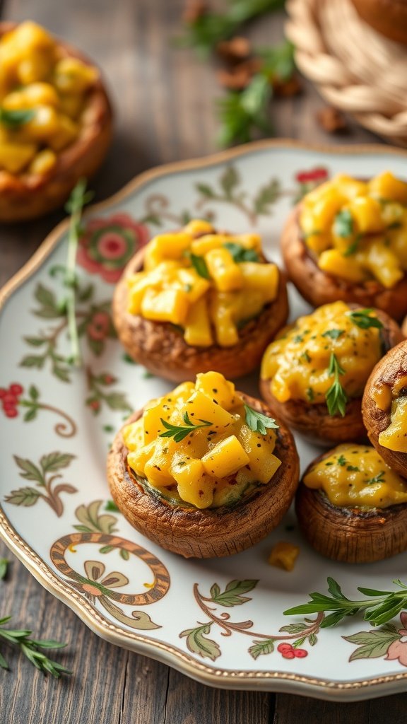 Stuffed mushrooms with garlic and cheese on a decorative plate