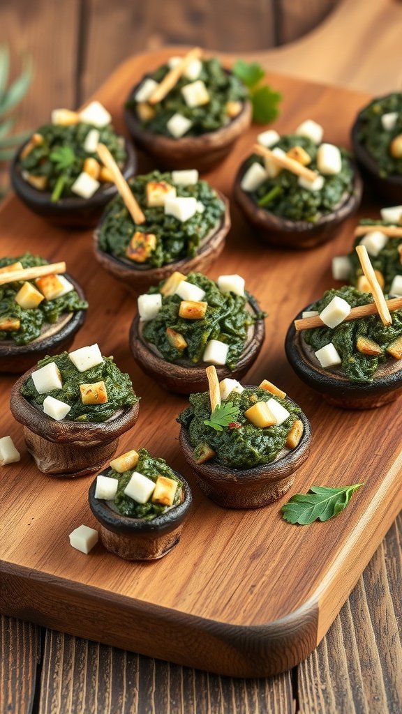 Stuffed mushrooms filled with spinach and feta cheese on a wooden platter.
