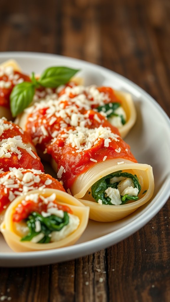 A plate of stuffed pasta shells filled with ricotta and spinach, topped with marinara and cheese.