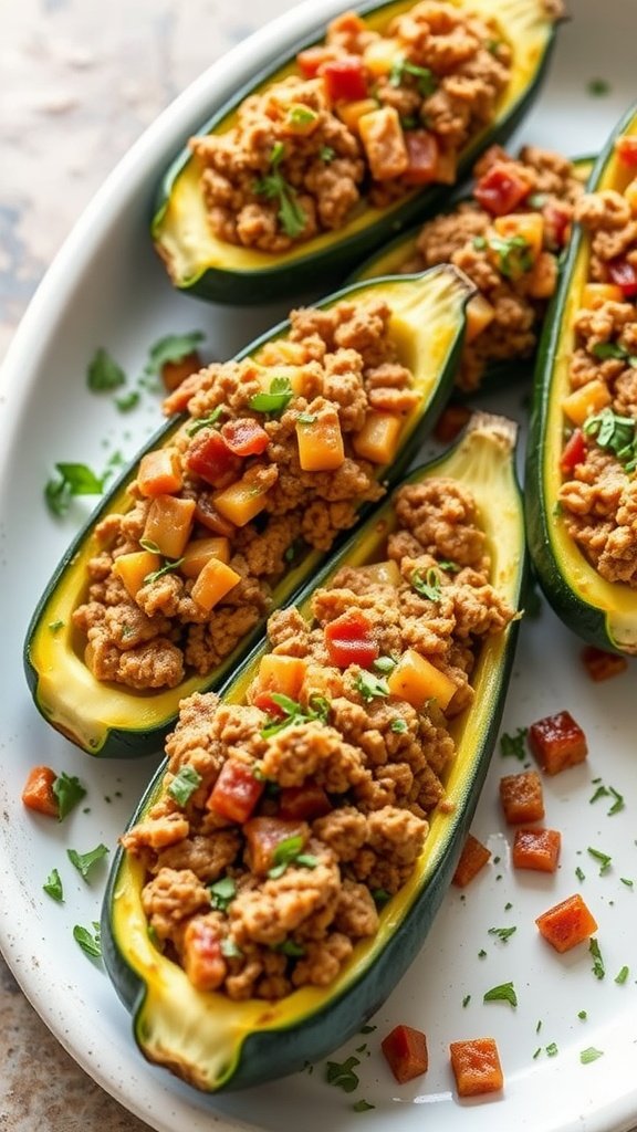 Delicious stuffed zucchini boats filled with seasoned meat and vegetables.