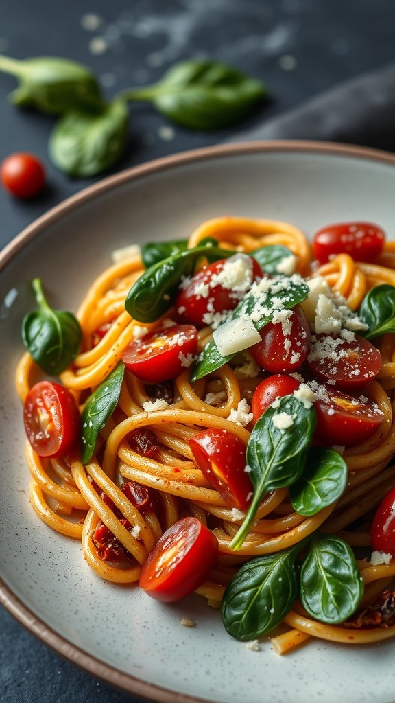 A plate of sundried tomato and spinach pasta garnished with cherry tomatoes and fresh spinach leaves.