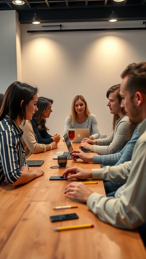 A group of people sitting around a table engaged in discussion, possibly sharing ideas and support.