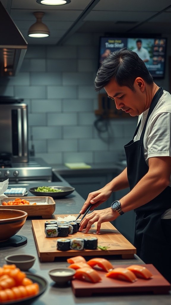 A person preparing sushi with chopsticks in a cozy kitchen setting.