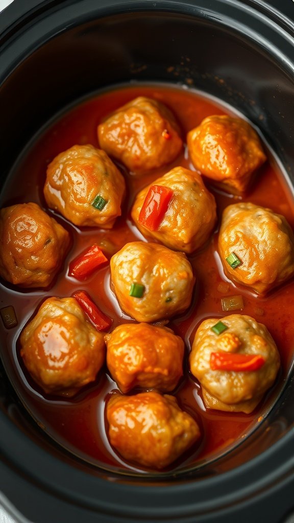 Crockpot filled with sweet and sour meatballs in a vibrant sauce