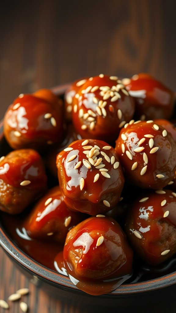A bowl of sweet and spicy meatballs coated in a shiny sauce, topped with sesame seeds.