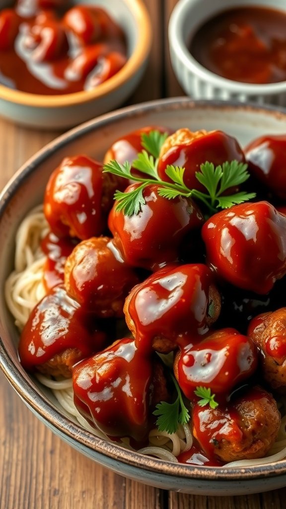 Sweet and Spicy Meatballs in BBQ Sauce on a plate garnished with parsley