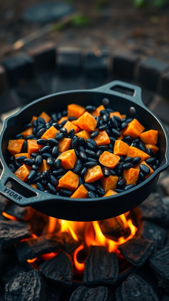 A skillet with diced sweet potatoes and black beans cooking over a campfire.