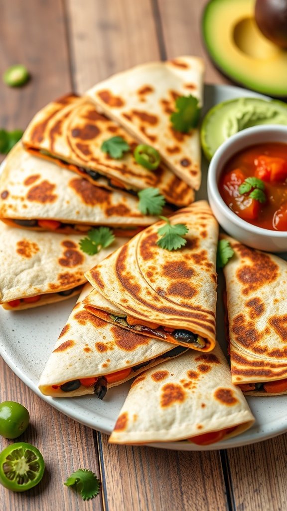 Delicious sweet potato and black bean quesadillas served with fresh ingredients
