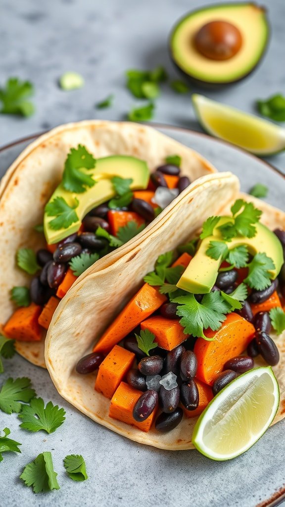 Sweet potato and black bean tacos with avocado, cilantro, and lime on a plate
