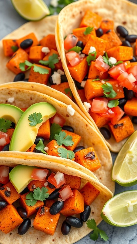 Sweet Potato and Black Bean Tacos with avocado, tomatoes, and lime