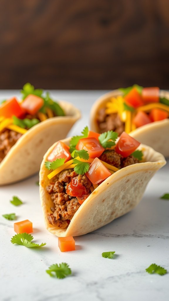 Delicious Taco Cups filled with ground beef, cheese, and fresh toppings.