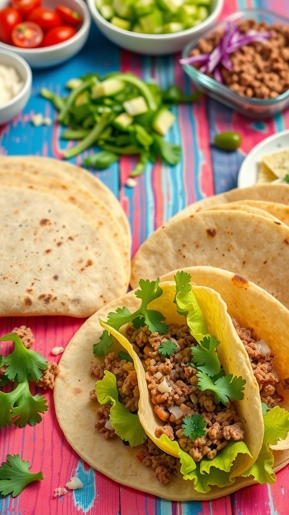 Ground beef tacos with fresh toppings and tortillas