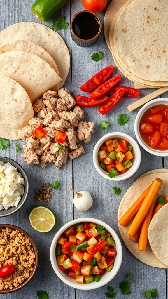 Ingredients for taco night featuring ground turkey, tortillas, fresh vegetables, and seasonings.