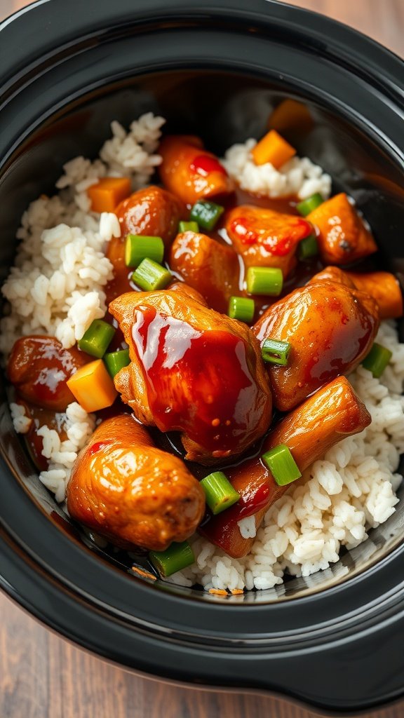 Crockpot teriyaki chicken bowls with rice and colorful vegetables