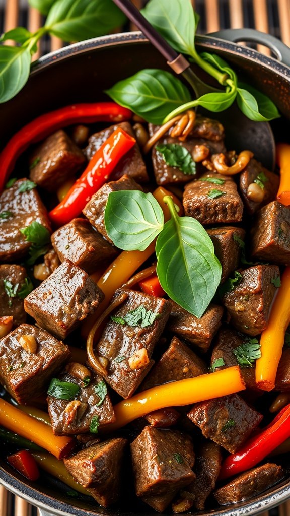 A colorful Thai beef and basil stir-fry with fresh vegetables and herbs.
