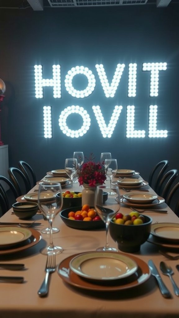 An elegantly set dinner table with plates, glasses, and fresh fruits, illuminated by bright lights in the background.