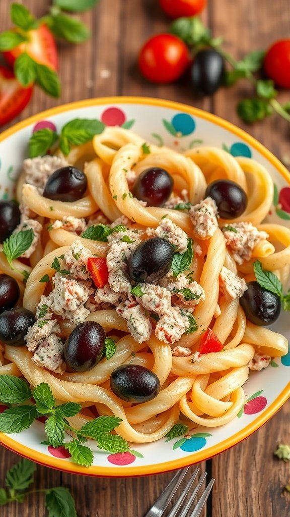 A bowl of tuna pasta salad with olives, garnished with fresh herbs and vegetables.
