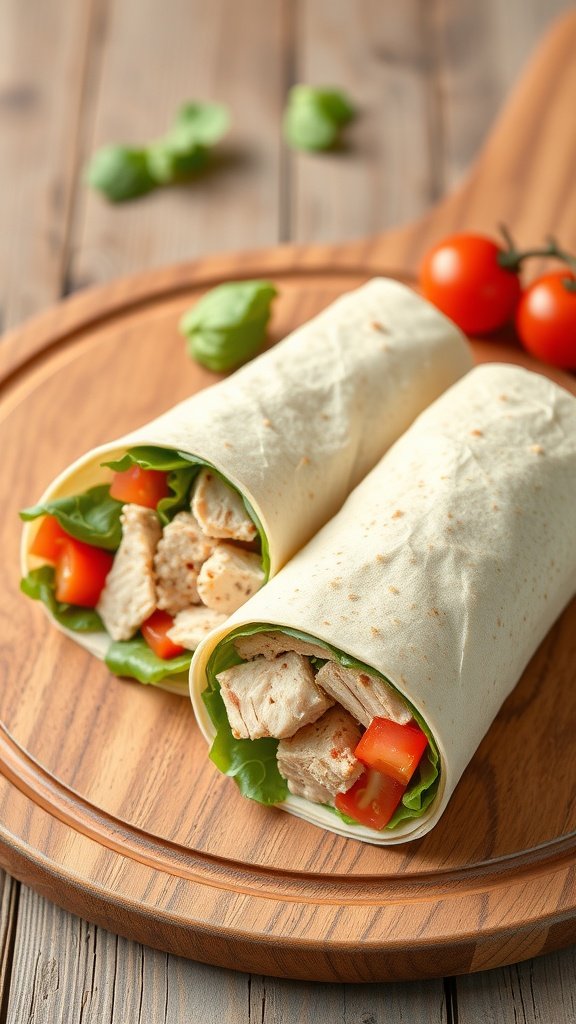A tuna salad wrap with lettuce and tomato sliced in half, resting on a wooden plate.