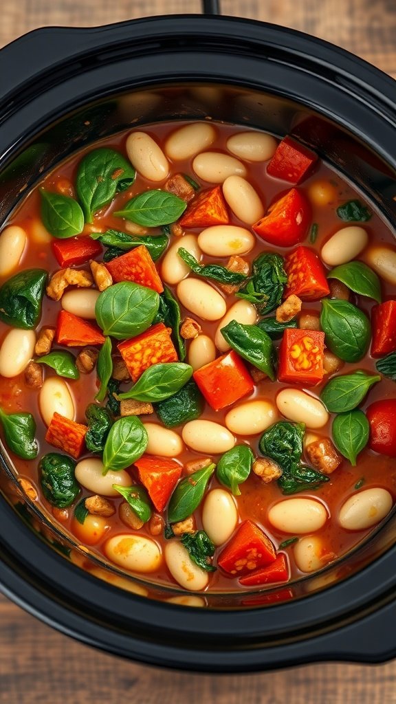 A delicious Tuscan White Bean Stew in a crockpot, featuring white beans, spinach, and red bell peppers.