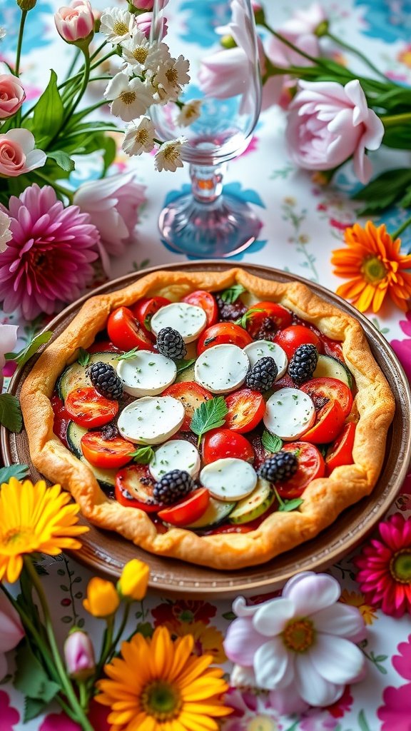 A Vegetable and Goat Cheese Tart surrounded by colorful flowers on a festive table