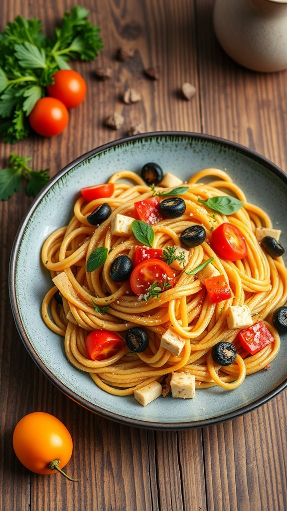 A vibrant plate of Vegetable Cajun Pasta Primavera with cherry tomatoes, bell peppers, and olives.