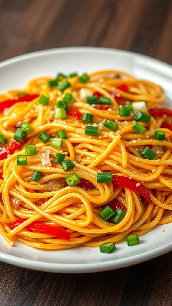 A plate of vegetable fried noodles topped with green onions and served on a wooden table.