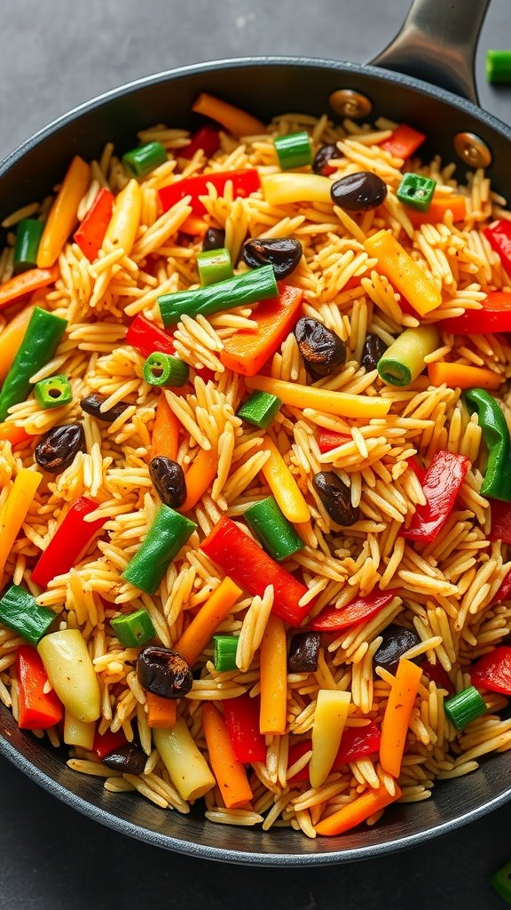 Colorful vegetable fried rice with bell peppers, green onions, and black beans in a frying pan.