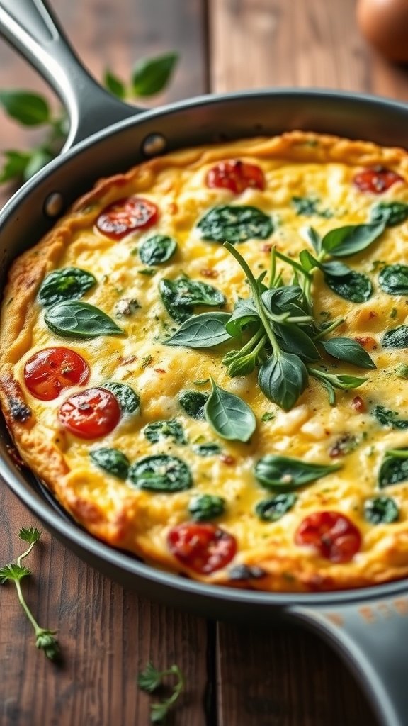 A beautifully cooked vegetable frittata with spinach and tomatoes in a skillet