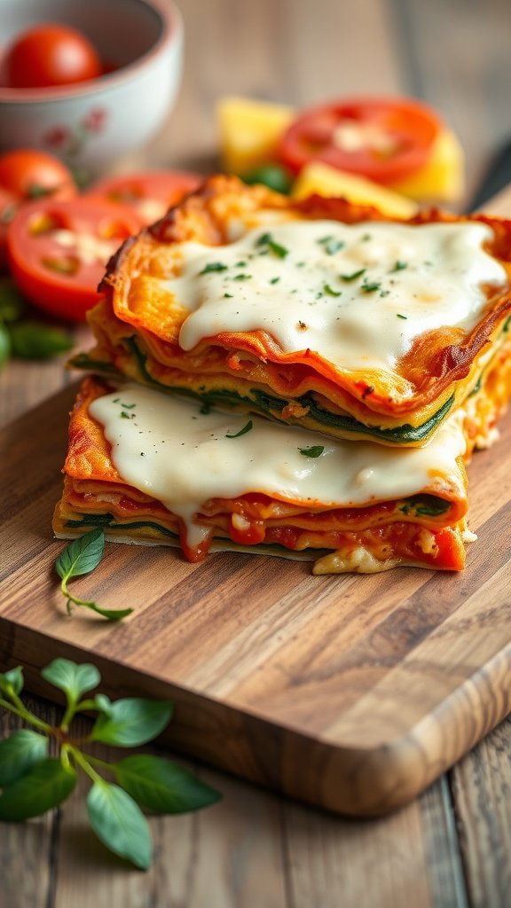A delicious serving of vegetable lasagna with layers of cheese, sauce, and vegetables.