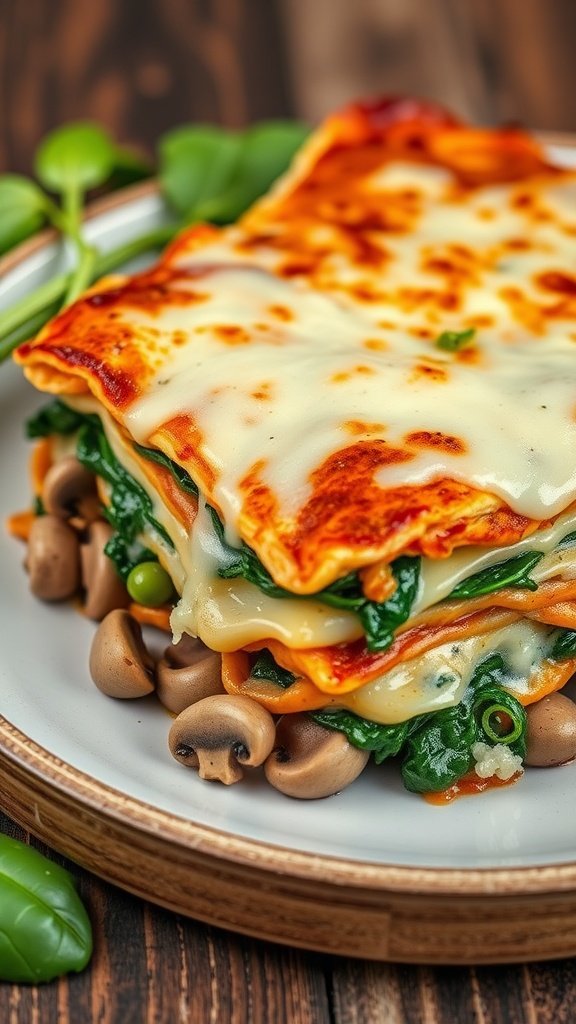 A serving of vegetable lasagna with layers of pasta, cheese, and vegetables