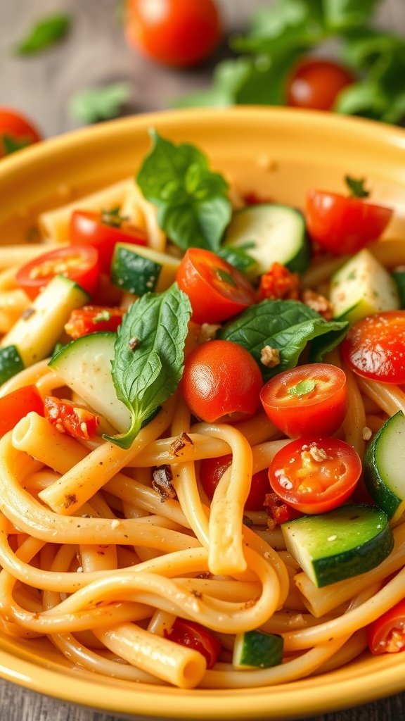 A plate of Vegetable Primavera Pasta with colorful vegetables