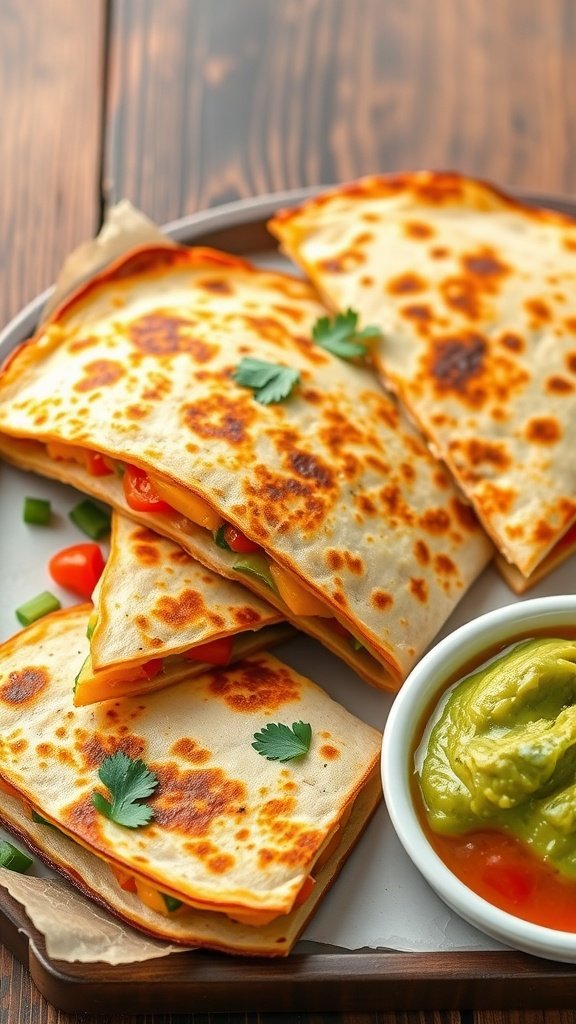 Delicious vegetable quesadillas served with salsa and guacamole.
