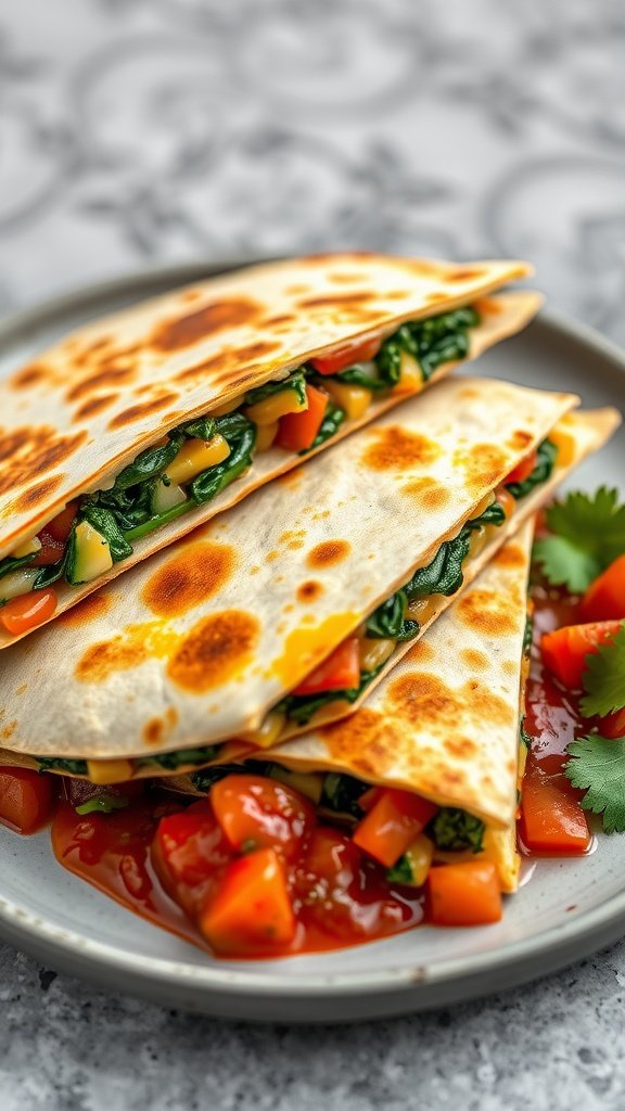 Delicious vegetable quesadillas with spinach served with salsa on the side.