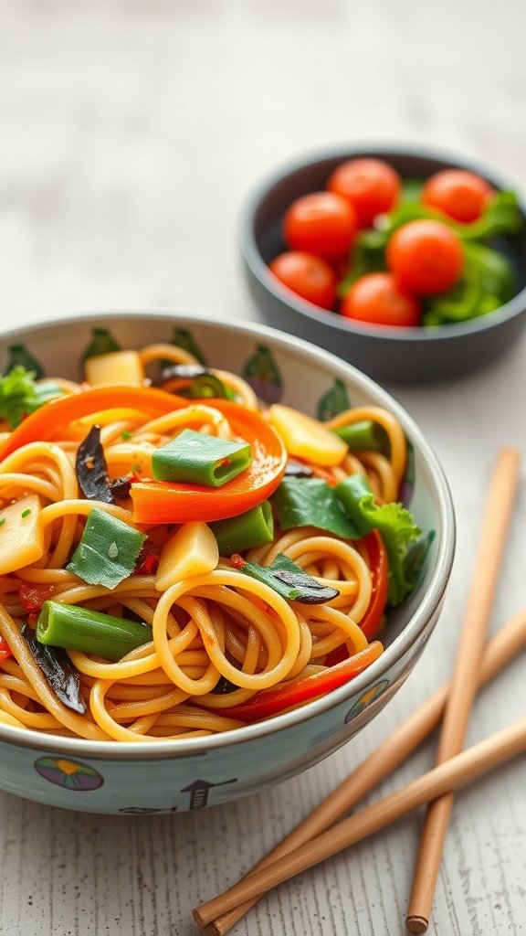 A bowl of vegetable stir-fry noodles with colorful vegetables and chopsticks