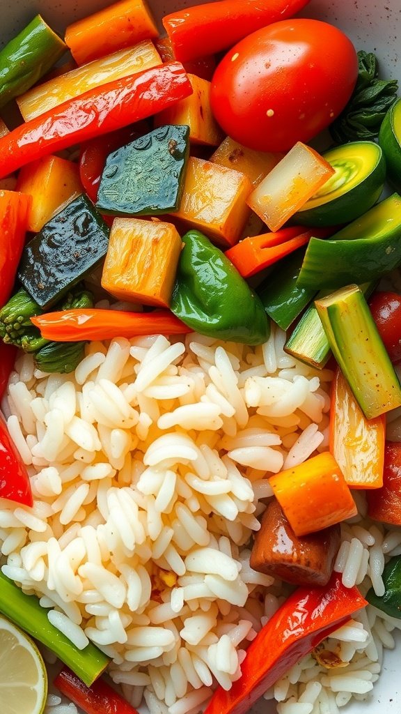 A colorful vegetable stir-fry with rice, featuring bell peppers, zucchini, broccoli, and cherry tomatoes.
