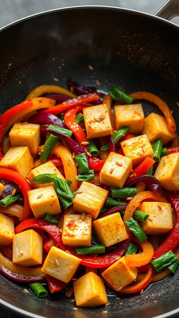 Vegetable stir-fry with tofu and colorful bell peppers in a frying pan