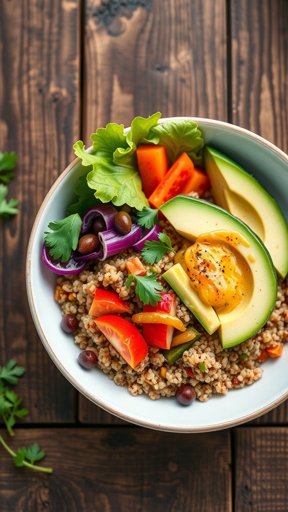 A colorful Vegetarian Quinoa Bowl with fresh vegetables and avocado.