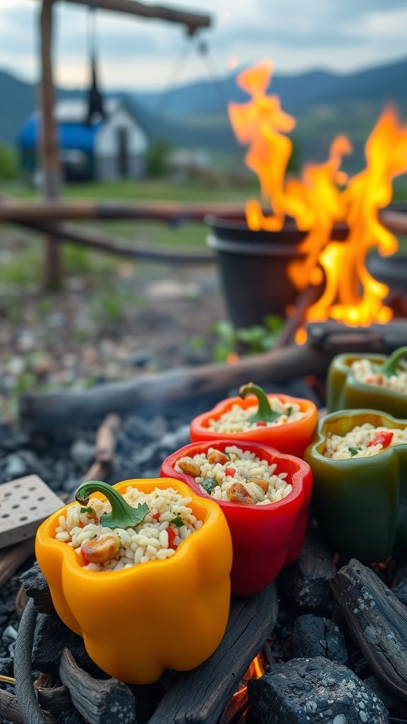 Colorful vegetarian stuffed peppers filled with rice and beans, cooking over a campfire.