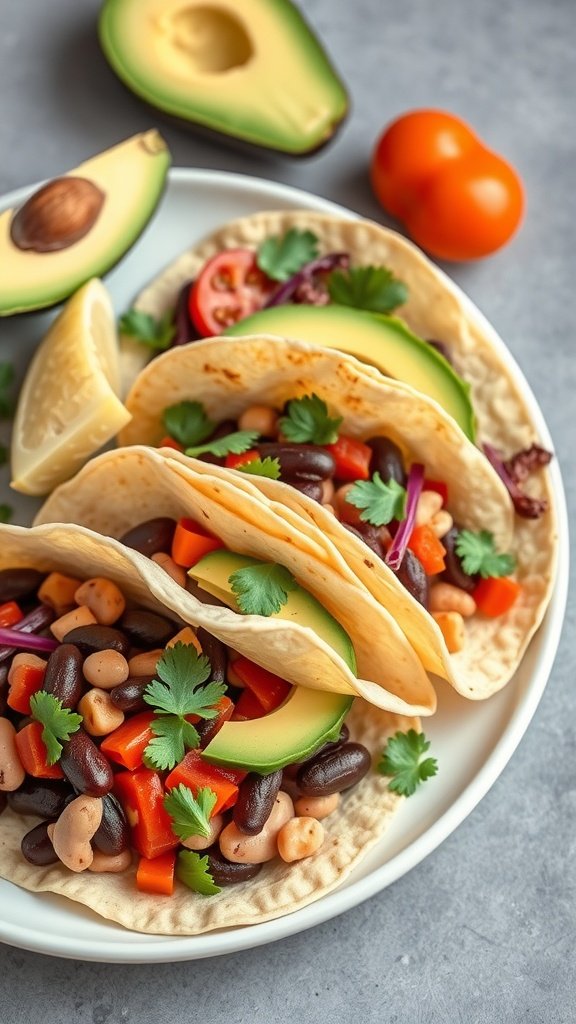Plate of vegetarian tacos filled with black beans, pinto beans, diced bell peppers, and topped with fresh avocado slices, with a sliced avocado and tomatoes in the background.
