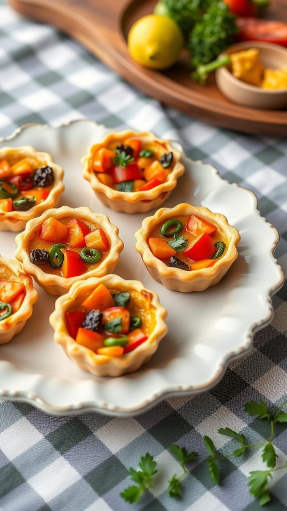 Mini quiches filled with colorful vegetables, served on a plate.