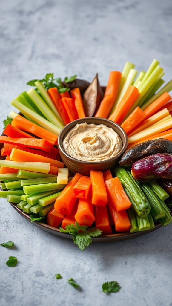 A colorful veggie platter with hummus