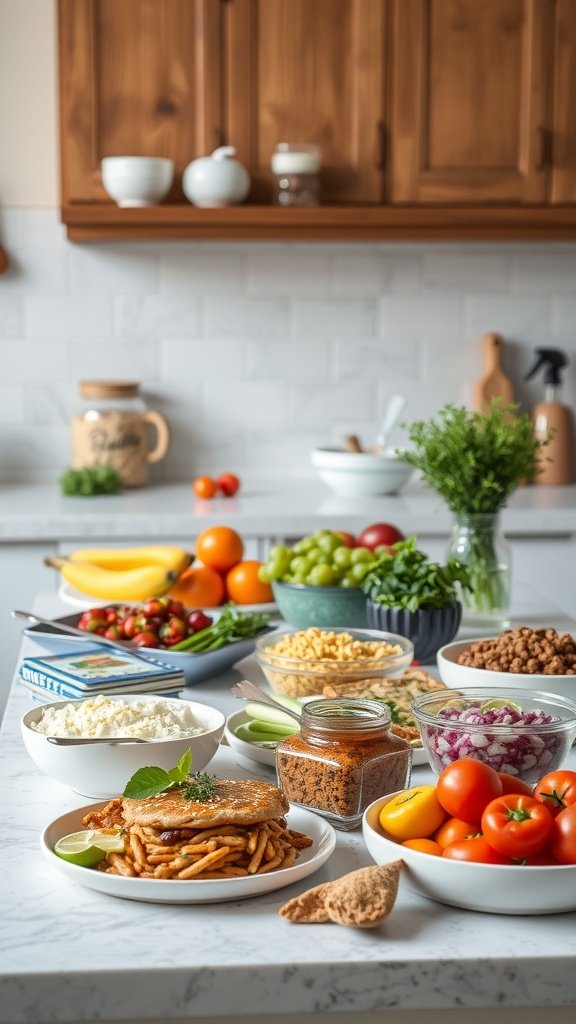 A variety of colorful keto-friendly foods including vegetables, fruits, and dishes laid out on a kitchen counter.