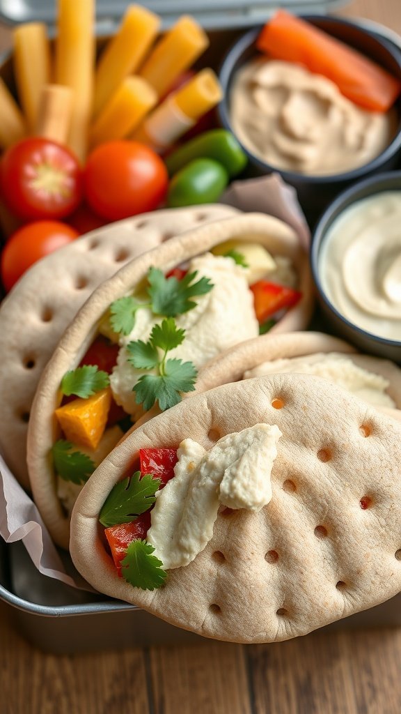 Whole wheat pita pockets filled with hummus and fresh vegetables.