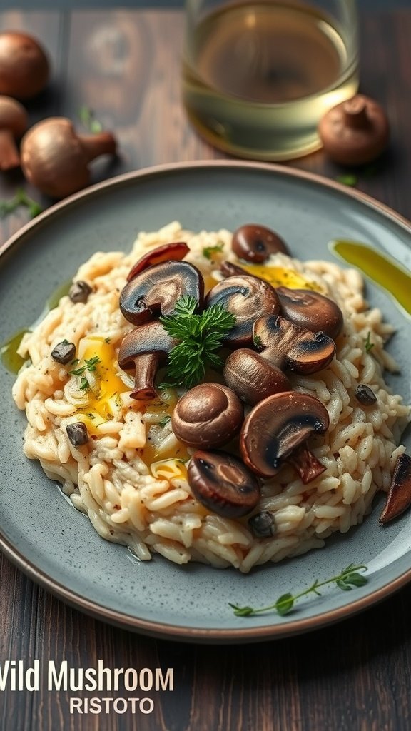 A plate of wild mushroom risotto garnished with mushrooms and parsley